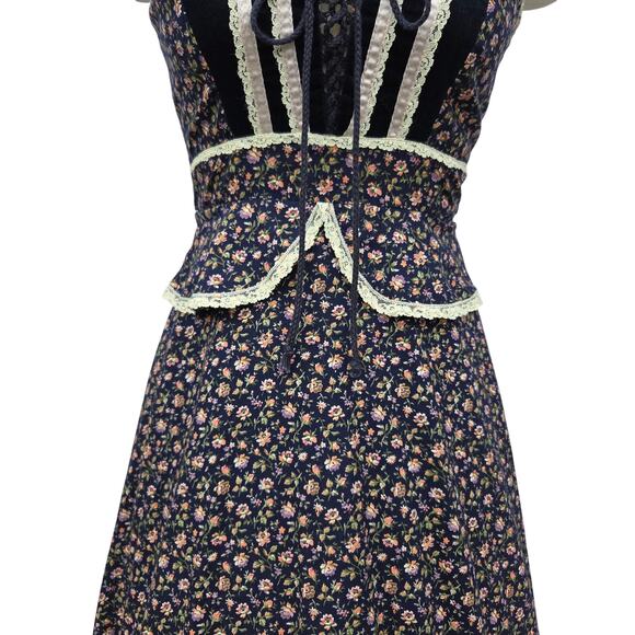 Gunne Sax Peplum Corset Maxi Dress Size XS 7 Navy Floral Vintage 70s Prairie - Picture 4 of 9